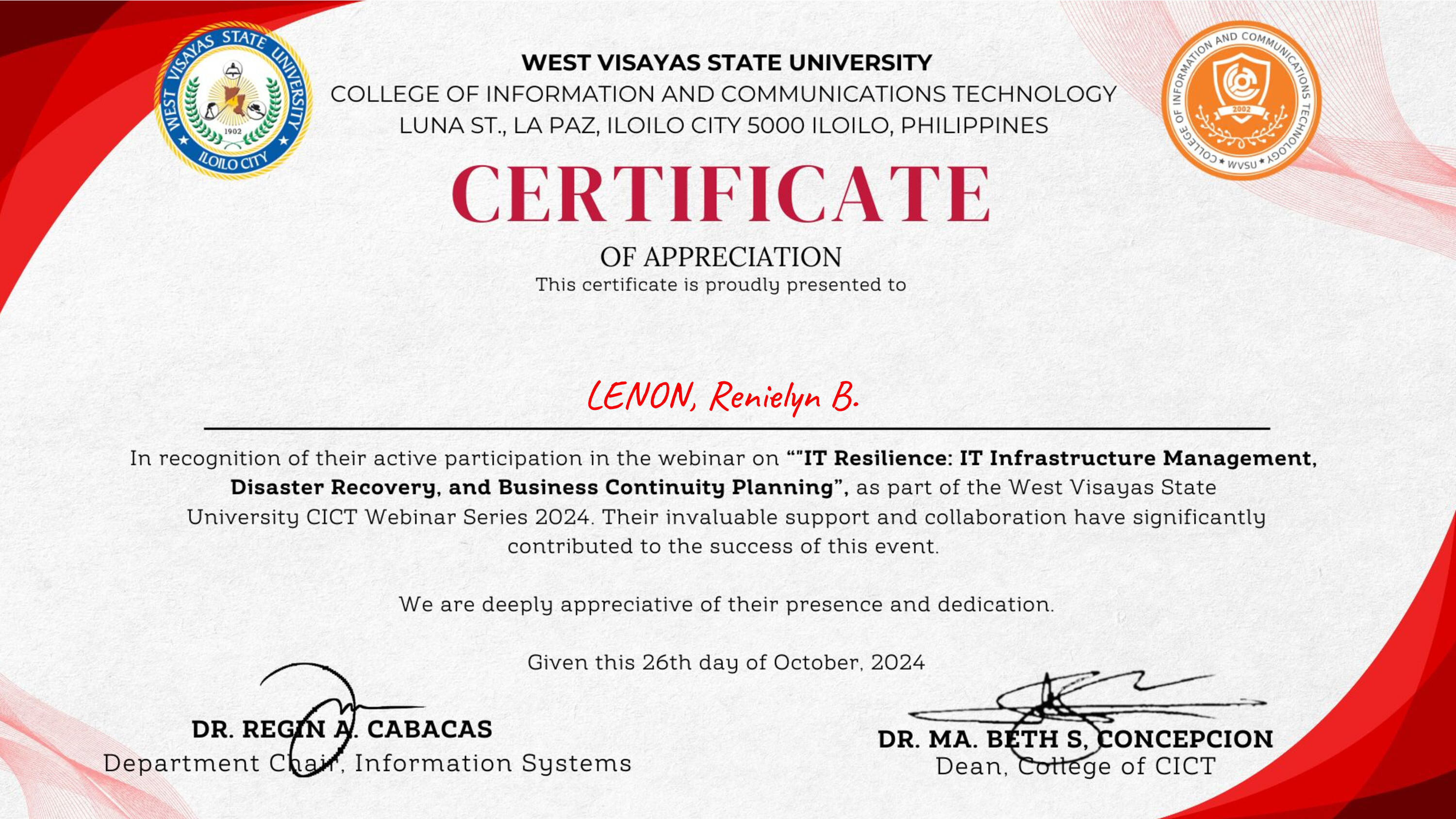 IT Resilience Certification Certificate by WVSU - Renielyn Lenon